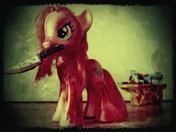 Size: 1600x1200 | Tagged: grimdark, derpibooru import, pinkie pie, rainbow dash, pony, fanfic:cupcakes, brushable, custom, irl, knife, photo, pinkamena diane pie, toy