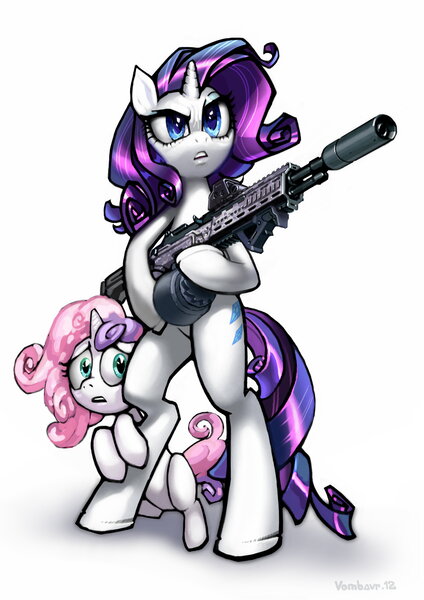 Size: 3508x4960 | Tagged: dead source, safe, artist:vombavr, derpibooru import, rarity, sweetie belle, pony, bipedal, drum magazine, duo, eotech, female, gun, hiding, holographic sight, m14, m14 ebr, magpul, picatinny rail, protecting, rifle, siblings, sisters, suppressor, weapon