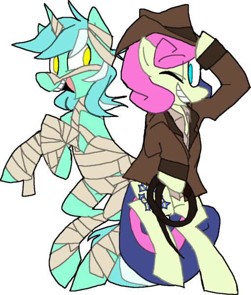 Size: 994x1168 | Tagged: safe, artist:ghost, derpibooru import, bon bon, lyra heartstrings, sweetie drops, pony, bipedal, clothes, costume, female, hat, indiana jones, lesbian, lyrabon, mummy, shipping, whip