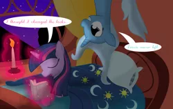 Size: 3000x1895 | Tagged: safe, artist:dazed-and-wandering, derpibooru import, trixie, twilight sparkle, bed, book, candle, dialogue, eyes closed, female, lesbian, magic, night, shipping, stalker, telekinesis, twixie, upside down