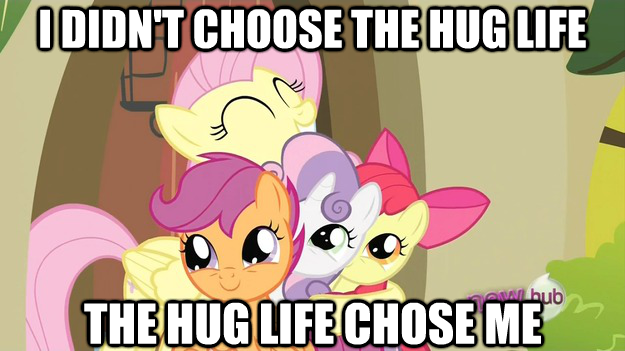 Size: 625x351 | Tagged: safe, derpibooru import, edit, edited screencap, screencap, apple bloom, fluttershy, scootaloo, sweetie belle, earth pony, pegasus, pony, unicorn, cutie mark crusaders, eyes closed, female, filly, hug, image macro, mare, meme