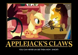 Size: 616x436 | Tagged: applejack, cannot unsee, derpibooru import, dexterous hooves, edit, edited screencap, fire, fireplace, food, hoof hold, look before you sleep, marshmallow, safe, screencap, solo, stick, wolverine