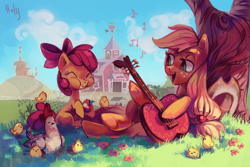 Size: 3448x2299 | Tagged: safe, artist:holivi, derpibooru import, apple bloom, applejack, chicken, apple, apple bloom's bow, applejack's hat, barn, bow, chicks, cloud, cowboy hat, eating, eyes closed, field, flower, food, guitar, hair bow, happy, hat, hatless, high res, image, jpeg, looking at someone, lying down, missing accessory, open mouth, open smile, outdoors, playing guitar, resting, shade, sitting, smiling, sweet apple acres, tree