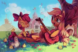 Size: 3448x2299 | Tagged: safe, artist:holivi, derpibooru import, apple bloom, applejack, chicken, apple, apple bloom's bow, applejack's hat, barn, bow, chicks, cloud, cowboy hat, eating, eyes closed, field, flower, food, guitar, hair bow, happy, hat, hatless, high res, image, jpeg, looking at someone, lying down, missing accessory, open mouth, open smile, outdoors, playing guitar, resting, shade, sitting, smiling, sweet apple acres, tree