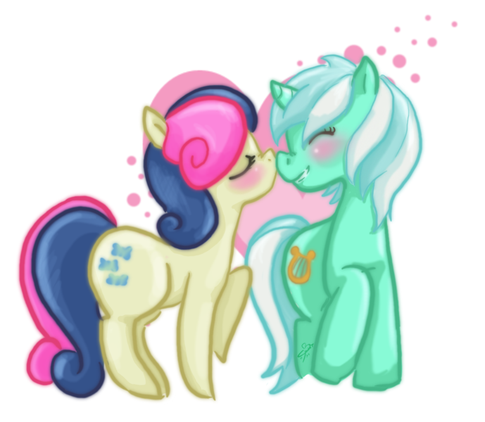 Size: 1224x1066 | Tagged: safe, artist:cloverminto, derpibooru import, bon bon, lyra heartstrings, sweetie drops, earth pony, pony, unicorn, blushing, eyes closed, female, heart, kissing, lesbian, lyrabon, shipping, simple background, smiling, transparent background