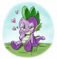 Size: 1271x1315 | Tagged: safe, artist:chibi-jen-hen, derpibooru import, spike, dragon, baby, baby dragon, blushing, cute, eyebrows, grass, green eyes, heart, implied shipping, male, signature, sitting, spikabetes, touching face