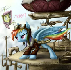 Size: 900x878 | Tagged: safe, artist:rule1of1coldfire, derpibooru import, fluttershy, rainbow dash, pegasus, pony, robot, bomber jacket, duo, goggles, steampunk