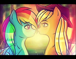 Size: 1024x791 | Tagged: safe, artist:crazyrainbow0, derpibooru import, applejack, rainbow dash, appledash, female, imminent kissing, lesbian, shipping