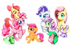 Size: 2016x1371 | Tagged: safe, artist:honey117, derpibooru import, apple bloom, dinky hooves, fluttershy, pinkie pie, rarity, scootaloo, sweetie belle, oc, earth pony, pegasus, pony, unicorn, cutie mark crusaders, female, filly, mare, pony hat, smiling