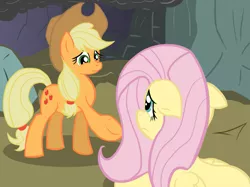 Size: 979x734 | Tagged: applejack, artist:muggyheatwave, cave, derpibooru import, dragonshy, fluttershy, safe, scared