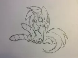 Size: 3264x2448 | Tagged: artist:dream-star-slash, clothes, derpibooru import, high res, monochrome, safe, sketch, socks, solo, striped socks, traditional art, vinyl scratch