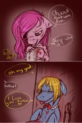 Size: 1280x1926 | Tagged: suggestive, artist:misspinkamena, derpibooru import, perfect pace, pinkie pie, earth pony, pony, blood, comic, crack shipping, cut, female, implied sex, male, mare, masterpie, miss pinkamena, pinkamena diane pie, shipping, stallion, straight, the master