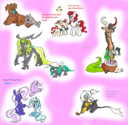 Size: 900x878 | Tagged: safe, artist:frankilew, derpibooru import, discord, flam, flim, gilda, queen chrysalis, rover, trixie, changeling, changeling queen, diamond dog, draconequus, gryphon, nymph, pony, unicorn, colt, cub, female, filly, flim flam brothers, green changeling, magic, mare, mother, mother and child, puppy, telekinesis