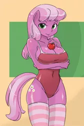 Size: 700x1040 | Tagged: suggestive, artist:shepherd0821, derpibooru import, cheerilee, anthro, earth pony, ambiguous facial structure, apple, arm boob squeeze, arm under breasts, awesome face, breasts, busty cheerilee, clothes, female, one-piece swimsuit, socks, solo, solo female, stockings, striped socks, stupid sexy cheerilee, swimsuit, thigh highs