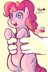 Size: 664x1000 | Tagged: artist:redintravenous, artist:rustydooks, colored, color palette, cute, derpibooru import, dialogue, diapinkes, disembodied hand, hand, honk, human, offscreen character, offscreen human, pinkie pie, safe, solo focus, source needed