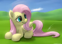 Size: 1920x1357 | Tagged: artist:bioniclegahlok, derpibooru import, fluttershy, happy, hill, prone, safe, smiling, solo