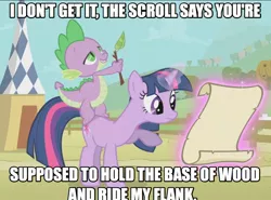 Size: 1043x772 | Tagged: safe, derpibooru import, edit, edited screencap, screencap, spike, twilight sparkle, dragon, pony, fall weather friends, dragons riding ponies, duo, image macro, joke, riding, scroll, stick