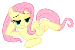 Size: 500x333 | Tagged: safe, derpibooru import, fluttershy, pegasus, pony, bedroom eyes, damn sexy pose, draw me like one of your french girls, female, lidded eyes, mare, on stomach, pose, sexy, simple background, smiling, stupid sexy fluttershy, transparent background