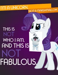 Size: 680x880 | Tagged: derpibooru import, ghostbusters, marshmallow, mouth hold, not fabulous, parody, public service announcement, rarity, rarity is a marshmallow, safe, stay puft marshmallow man, we're a culture not a costume