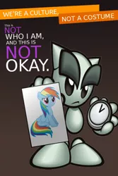 Size: 600x899 | Tagged: artist:tuskat, derpibooru import, deviantart, fella, hater, parody, public service announcement, rainbow dash, safe, we're a culture not a costume