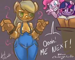Size: 1250x1000 | Tagged: anthro, applejack, artist:atryl, breasts, busty applejack, clothes, derpibooru import, female, gloves, goo pony, naked overalls, original species, overalls, pinkie pie, strategically covered, suggestive, twilight sparkle, wide hips