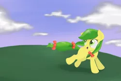 Size: 600x400 | Tagged: safe, artist:haileyguilford, derpibooru import, apple fritter, earth pony, pony, apple family member, background pony, bow, female, filly, hair bow, mare, running, solo, tail bow