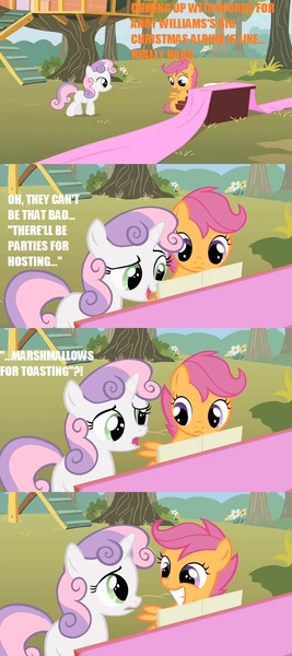 Size: 640x1440 | Tagged: comic, derpibooru import, duo, edit, edited screencap, fabric, lyrics, marshmallow, meme, piano, safe, scootaloo, screencap, screencap comic, sweetie belle, sweetie belle is a marshmallow too, the show stoppers