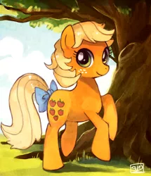 Size: 1014x1178 | Tagged: safe, artist:suikuzu, derpibooru import, applejack (g1), earth pony, pony, bow, g1, g1 to g4, generation leap, looking at you, raised hoof, rearing, smiling, solo, tail bow, under the tree