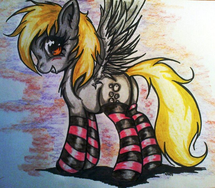 Size: 1590x1390 | Tagged: safe, artist:tomek2289, derpibooru import, derpy hooves, pegasus, pony, blushing, chest fluff, clothes, female, mare, socks, solo, striped socks, traditional art