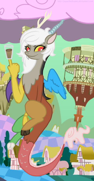 Size: 1114x2126 | Tagged: artist:jaquelindreamz, chaos, chocolate milk, cloud, cotton candy, cotton candy cloud, dead source, derpibooru import, discord, discorded landscape, draconequus, eris, food, green sky, ponyville town hall, rule 63, safe, solo