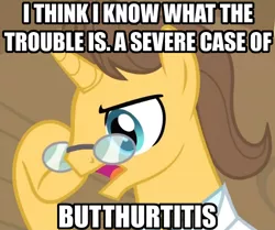 Size: 500x418 | Tagged: butthurt, caption, cropped, derpibooru import, diagnosis, doctor horse, doctor stable, edit, edited screencap, glasses, image macro, read it and weep, safe, screencap, solo