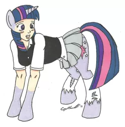 Size: 889x898 | Tagged: artist:cqmorrell, blouse, button-up shirt, clothes, derpibooru import, human to pony, pleated skirt, ripping clothes, safe, shocked, simple background, skirt, socks, solo, transformation, twilight sparkle, vest, what has science done