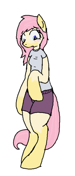 Size: 332x773 | Tagged: anthro, artist:kaykay430, blushing, clothes, derpibooru import, fluttershy, human to pony, looking down, open mouth, safe, solo, transformation