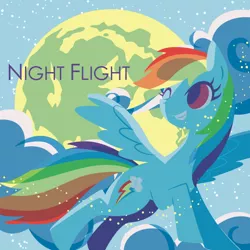 Size: 600x600 | Tagged: safe, artist:yousukou, derpibooru import, rainbow dash, pegasus, pony, backlighting, cloud, cloudy, cutie mark, female, flying, full moon, grin, hooves, lineless, mare, minimalist, moon, one eye closed, pixiv, smiling, solo, spread wings, wings