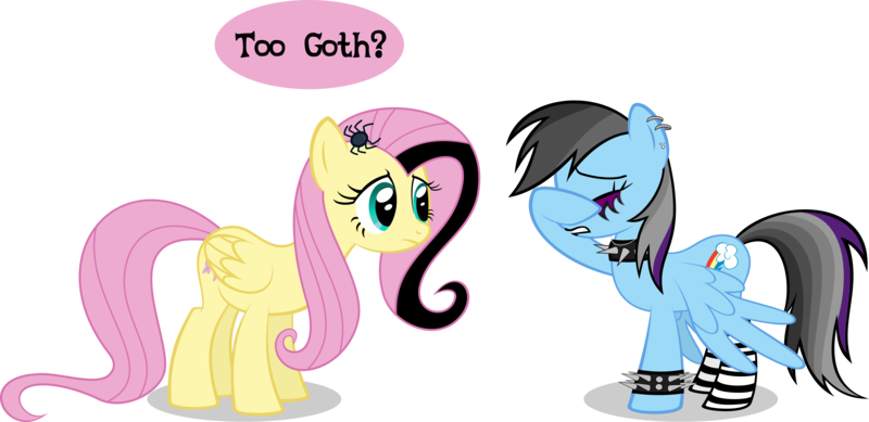 Size: 8555x4163 | Tagged: safe, artist:psyxofthoros, derpibooru import, fluttershy, rainbow dash, absurd resolution, black lipstick, bracelet, choker, clothes, dialogue, ear piercing, earring, eyes closed, eyeshadow, facehoof, frown, g4, goth, gritted teeth, image, it's a phase, jewelry, leather, lipstick, makeup, piercing, png, simple background, socks, spiked choker, spiked wristband, spread wings, striped socks, teeth, transparent backgroun, transparent background, wings, wristband