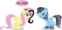 Size: 8555x4163 | Tagged: safe, artist:psyxofthoros, derpibooru import, fluttershy, rainbow dash, absurd resolution, black lipstick, bracelet, choker, clothes, dialogue, ear piercing, earring, eyes closed, eyeshadow, facehoof, frown, g4, goth, gritted teeth, image, it's a phase, jewelry, leather, lipstick, makeup, piercing, png, simple background, socks, spiked choker, spiked wristband, spread wings, striped socks, teeth, transparent backgroun, transparent background, wings, wristband