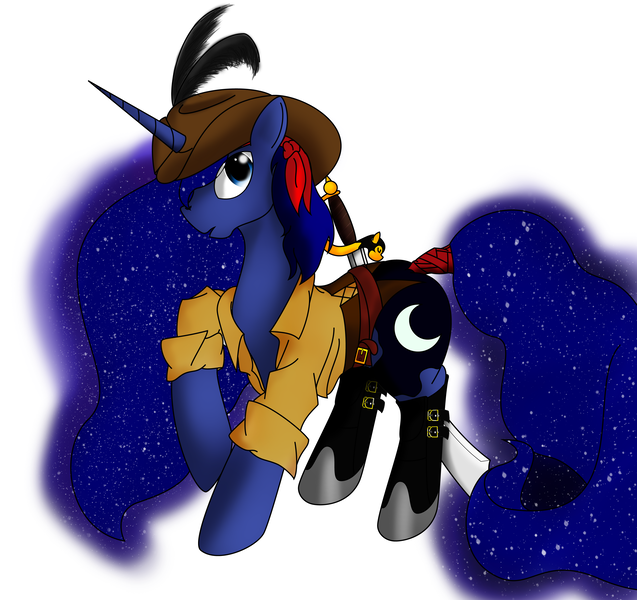 Size: 3367x3173 | Tagged: artist:playfulpossum, bicorne, boots, clothes, derpibooru import, feather, hat, high res, looking at you, open mouth, pirate, princess luna, raised hoof, safe, simple background, solo, sword, weapon, white background