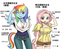 Size: 700x559 | Tagged: ambiguous facial structure, anthro, artist:shepherd0821, big breasts, breasts, busty fluttershy, chinese text, derpibooru import, female, fluttershy, rainbow dash, safe