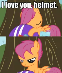 Size: 864x1010 | Tagged: safe, derpibooru import, edit, edited screencap, screencap, scootaloo, pegasus, pony, bedroom eyes, caption, cargo ship, comic, cute, cutealoo, female, filly, helmet, image macro, implied, love, out of context, scootahelmet, screencap comic, wat