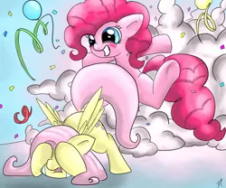 Size: 1200x1000 | Tagged: artist:tesslashy, confetti, derpibooru import, explosion, fluttershy, pinkie pie, safe, scared