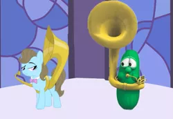 Size: 697x480 | Tagged: artist needed, awkward, beauty brass, crossover, derpibooru import, gala, larry the cucumber, musical instrument, safe, sousaphone, veggietales