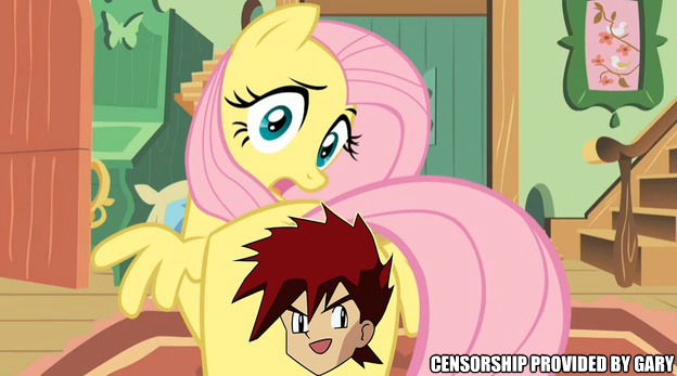 Size: 624x347 | Tagged: suggestive, derpibooru import, edit, edited screencap, screencap, fluttershy, pegasus, pony, butt, censored, female, flutterbutt, gary motherfucking oak, gary oak, mare, plot, pokémon