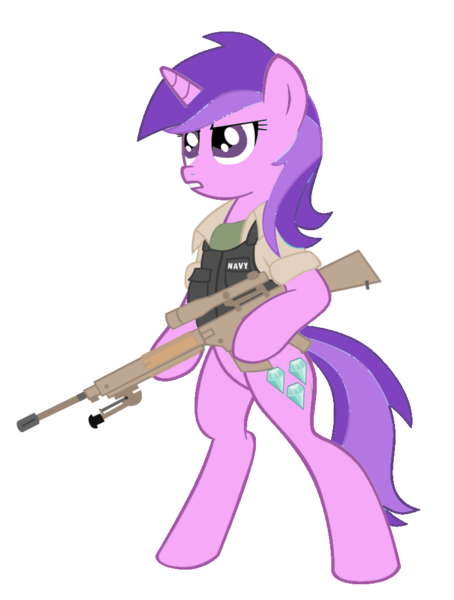 Size: 777x1027 | Tagged: safe, artist:amethyst-star-mlp, derpibooru import, amethyst star, pony, unicorn, bipedal, body armor, cutie mark, dexterous hooves, female, flak jacket, gun, hooves, horn, m110 sass, mare, navy, optical sight, rifle, simple background, sniper, sniper rifle, solo, teeth, text, transparent background, weapon