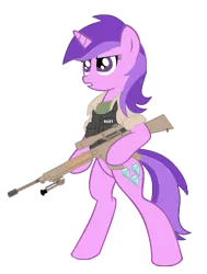 Size: 777x1027 | Tagged: safe, artist:amethyst-star-mlp, derpibooru import, amethyst star, pony, unicorn, bipedal, body armor, cutie mark, dexterous hooves, female, flak jacket, gun, hooves, horn, m110 sass, mare, navy, optical sight, rifle, simple background, sniper, sniper rifle, solo, teeth, text, transparent background, weapon