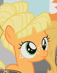 Size: 447x573 | Tagged: safe, derpibooru import, screencap, applejack, earth pony, pony, the cutie mark chronicles, alternate hairstyle, animated, awkward smile, blinking, cropped, cute, female, filly, jackabetes