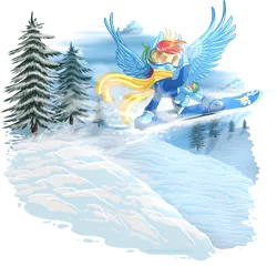 Size: 1399x1341 | Tagged: safe, artist:kittehkatbar, derpibooru import, rainbow dash, pegasus, pony, clothes, goggles, scarf, simple background, snow, snowboard, solo, transparent background, winter