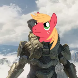 Size: 600x600 | Tagged: safe, derpibooru import, big macintosh, earth pony, pony, armor, big chief, crossover, gun, halo (series), male, master chief, parody, powered exoskeleton, scenery, sierra, stallion, weapon