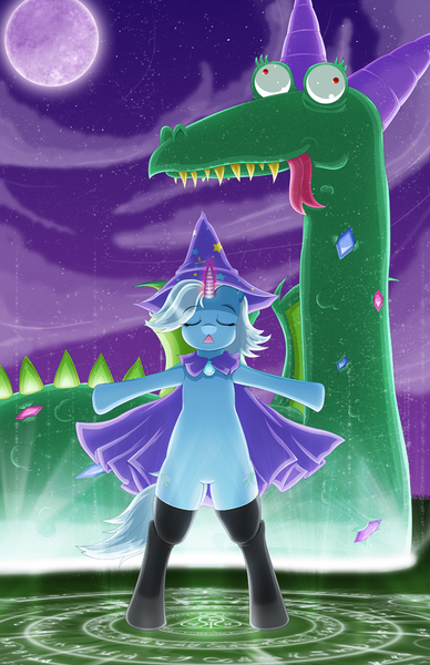 Size: 647x1000 | Tagged: safe, artist:damaged927, derpibooru import, crackle, trixie, dragon, pony, bipedal, magic, summoning