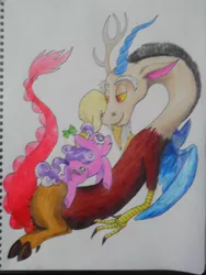 Size: 768x1024 | Tagged: artist:lucyspicystrawberry, daddy discord, derpibooru import, discord, hat, propeller hat, safe, screwball, swirly eyes, traditional art