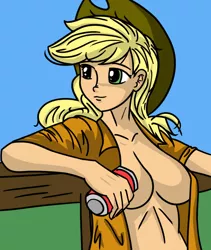 Size: 800x948 | Tagged: applejack, artist:johnjoseco, breasts, busty applejack, cleavage, clothes, colored, color edit, derpibooru import, edit, female, fence, human, humanized, open clothes, open shirt, solo, solo female, suggestive